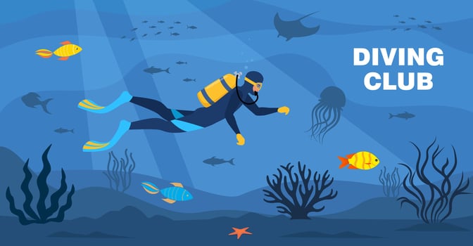 Diving club banner. Diver with diving equipment swims in the sea. Seascape banner with man underwater. Character wearing wetsuit with oxygen tank and fins. Underwater world. Vector illustration.