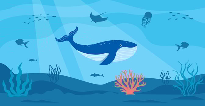 Underwater cartoon landscape. The bottom of the sea. Cute whale. Fish, plants, jellyfish. Vector illustration.