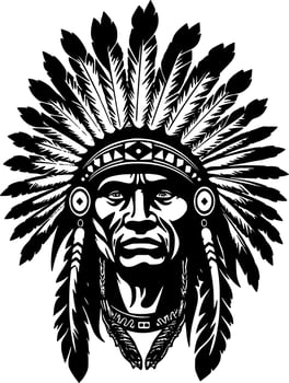 Indian Chief, Black and White Vector illustration