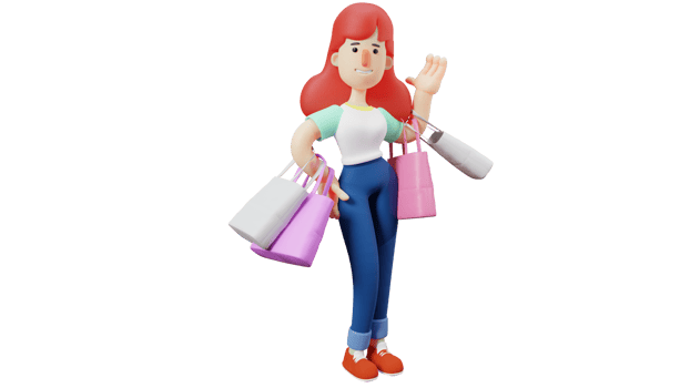 3D illustration. Hedonist Woman 3D Cartoon Character. Women carry lots of colorful shopping bags. Adorable woman showing happy expression. 3D cartoon character png