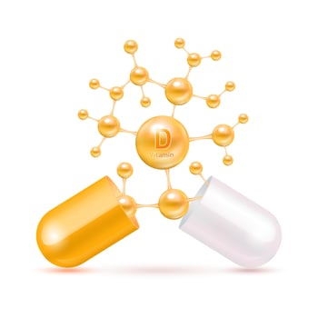 Vitamin D orange in capsule. Vitamins complex and minerals in molecular form. Dietary supplement for pharmacy advertisement. Science medic concept. Isolated on white background. Vector EPS10.
