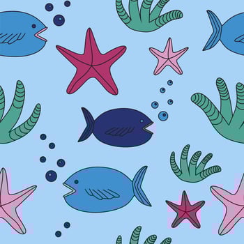 Seamless sea life pattern with cartoon characters. Seawide, fish and stars. vector