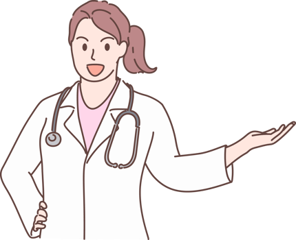Professional young female doctor character showing, pointing and presenting with hand for decoration. Hand drawn style. png