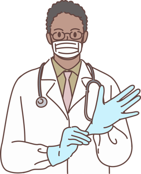 Professional young male doctor character puts on gloves and wearing medical mask for decoration. Hand drawn style png