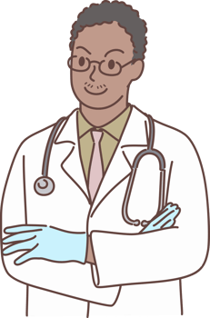 Professional young male doctor character standing with arms crossed smiling looking up  for decoration. Hand drawn style png