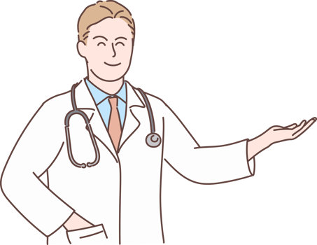 Professional young male doctor character showing, pointing and presenting with hand for decoration. Hand drawn style. png