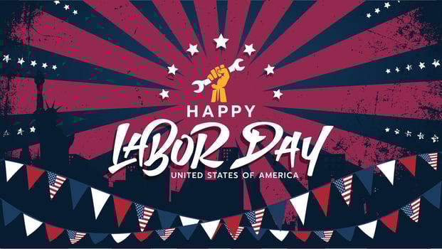 Labor Day Banner or poster template. USA labor day greeting with a hand holding a wrench, city silhouette, stars, and american flags for banner, advertising, poster, etc. vector