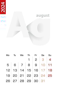 Minimalist calendar template for August 2024, vector calendar in English.