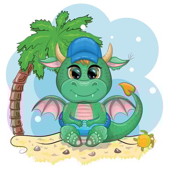 Cute cartoon green baby dragon in a hat on the beach in Hawaii. Symbol of 2024 according to the Chinese calendar vector