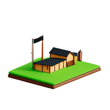a farm with a barn and flag on a green field png