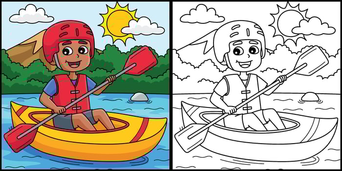 Boy Kayaking in Summer Coloring Page Illustration vector