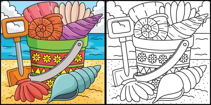 Bucket of Seashells Summer Coloring Illustration vector