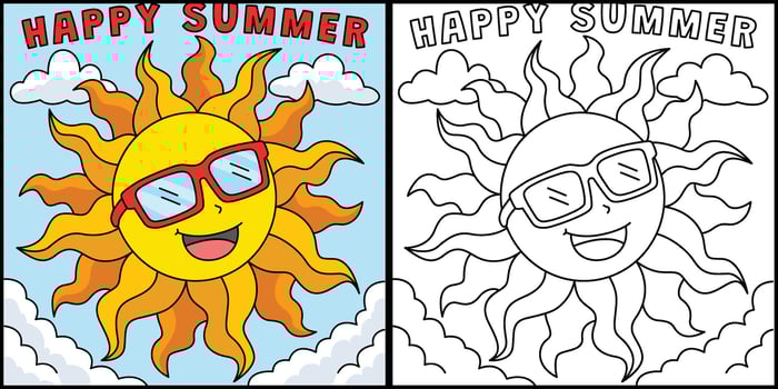 Sun with Happy Summer Coloring Page Illustration vector