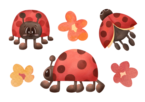clipart Set of watercolor cute cartoon ladybugs, simple flowers illustrations isolated on transparent background. painted by hand art collection for wallpaper, scrapbooking, summer design, textiles png
