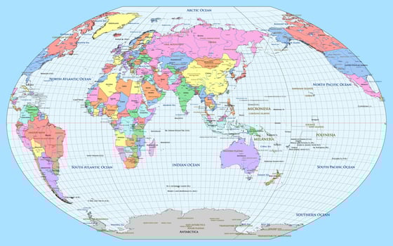 Political world map Asia centered Winkel-Tripel projection vector