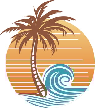 Vintage beach and tropical island logo template vector illustration, Vintage beach waves and palm tree in the sunset or sunrise concept circle shaped symbol, clip art stock vector image