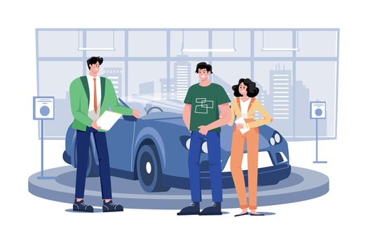 Salesman Talking To A Young Couple At The Dealership Showroom. vector