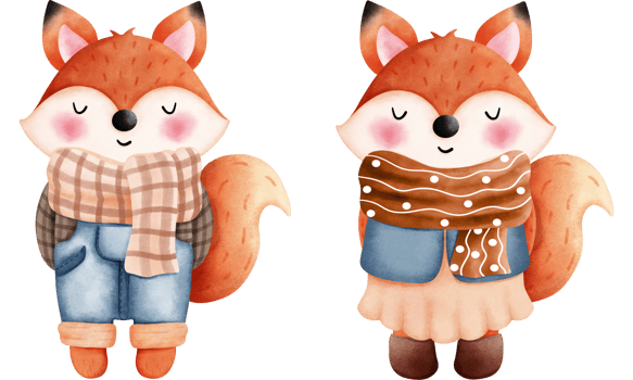 Set of adorable autumn foxes clipart.Watercolor clipart of a cute foxes in an autumn costume. png