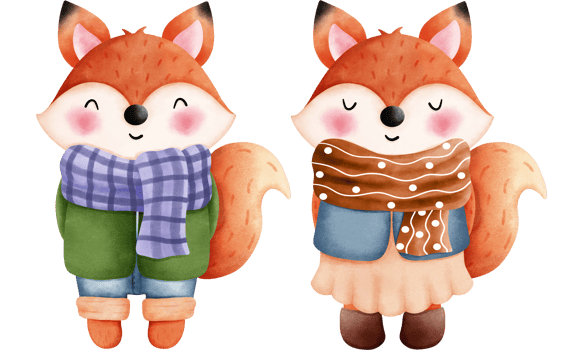 Set of cute autumn foxes illustrations.Watercolor clipart of a cute foxes in an colorful autumn clothes. png
