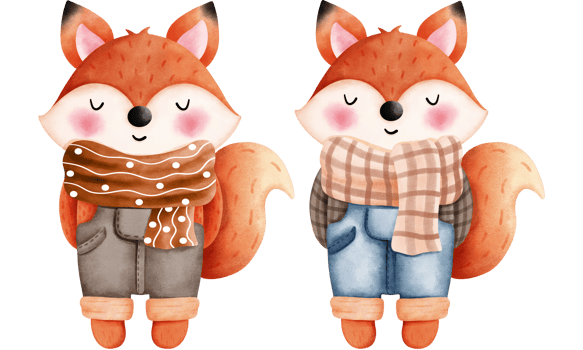 Set of cute autumn foxes illustrations.Watercolor clipart of a cute foxes in an colorful vintage autumn clothes. png