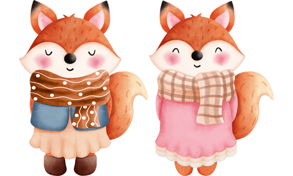 Set of cute autumn foxes clipart.Watercolor clipart of a cute foxes in an colorful autumn clothes. png