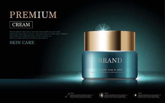 Hydrating facial cream for annual sale or festival sale. green and gold cream mask bottle isolated on golden light background. Graceful cosmetic ads, illustration. vector