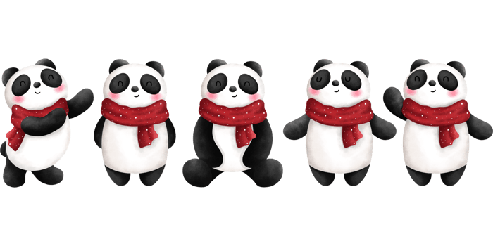 Set of festive watercolor cute baby panda with red scarves illustrations. Christmas animals decorationst. png