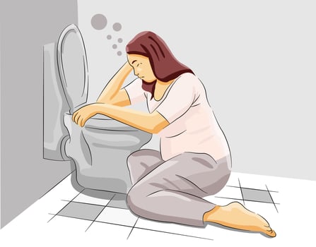 Woman under morning sickness pregnancy vomit in bathroom stomach sick vector