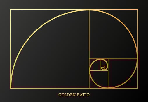 Abstract illustration with golden ratio on gray background. Art gold. Spiral pattern. Line drawing. Vector illustration.