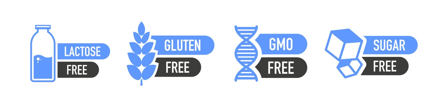 Flat icon with lactose gluten gmo sugar free. Organic signs. Vector illustration.