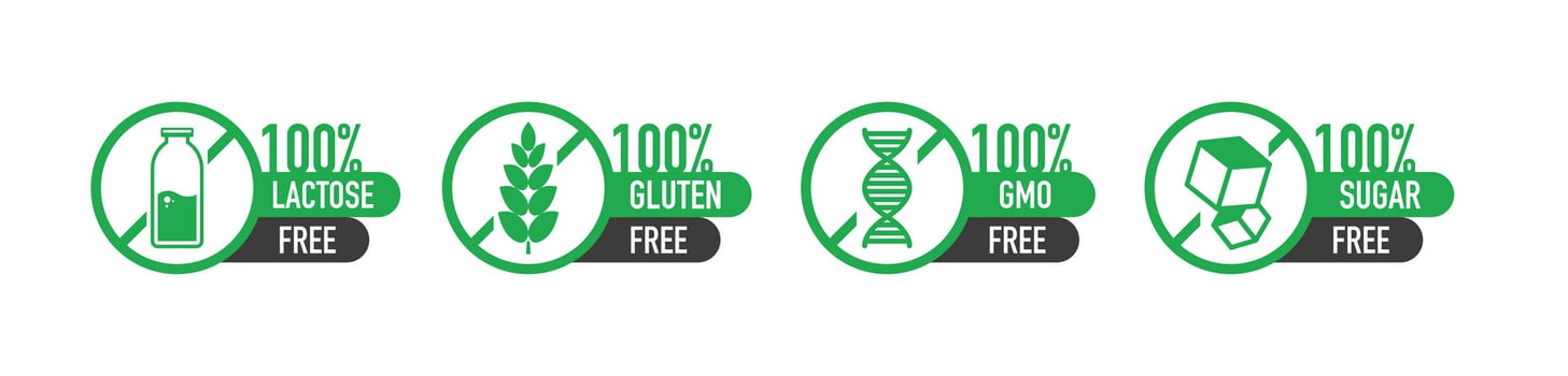 Flat icon with lactose gluten gmo sugar free. Organic signs. Vector illustration.