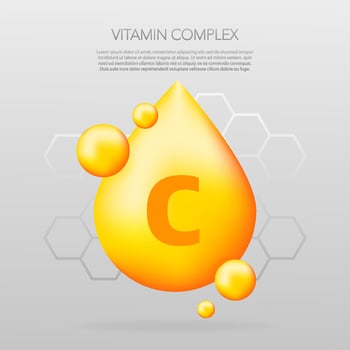 Vitamin C shining pill capcule icon. Shining golden substance drop. Meds ads. Beauty treatment nutrition skin care design. Vector illustration