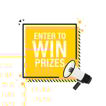Enter to win prizes megaphone yellow banner in 3D style on white background. Vector illustration.
