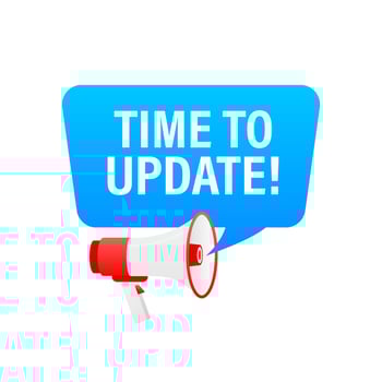 Time to update blue label on white background. Blue banner. Vector illustration.