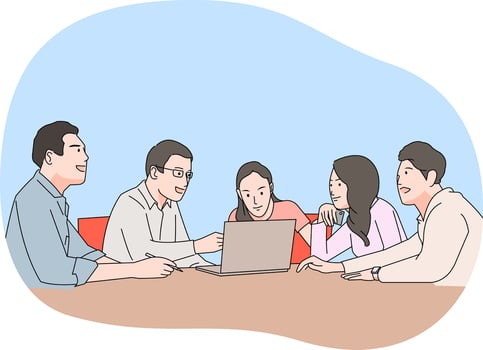 Office worker together on discussion project plan talking over laptop on desk vector