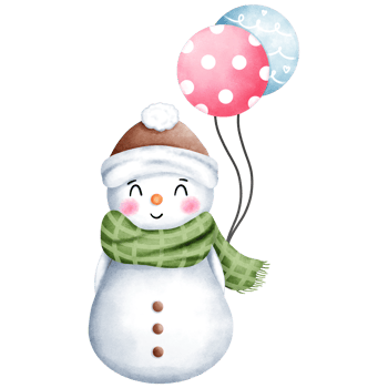 Watercolor christmas illustration of cute snowman in brown santa hat and green scarf with pink and blue balloons. png