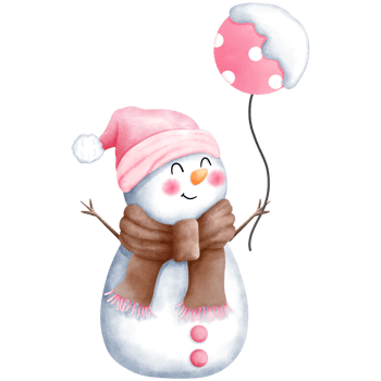 Watercolor christmas illustration of cute snowman in pink santa hat and brown scarf with pink balloon. png