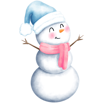 Watercolor christmas clipart of cute snowman with blue santa hat and pink scarf. png
