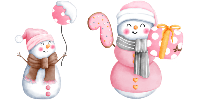 Set of watercolor pink christmas snowman with christmas ornaments illustration. Cute winter snowman collection. png