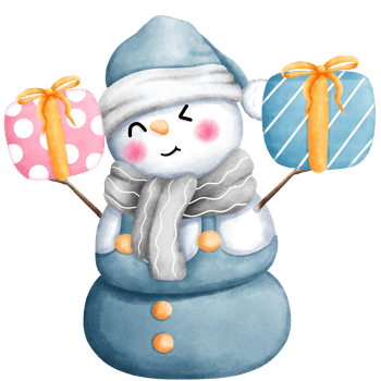 Watercolor christmas illustration of cute snowman in blue santa hat and scarf with blue and pink gift boxes. png