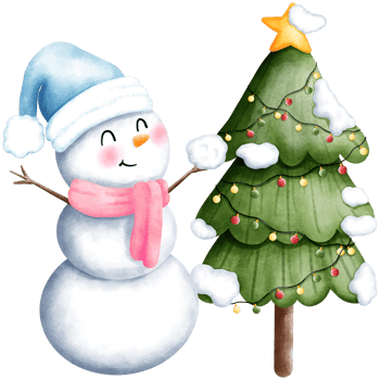Watercolor christmas illustration of cute snowman in blue santa hat and pink scarf with christmas tree. png