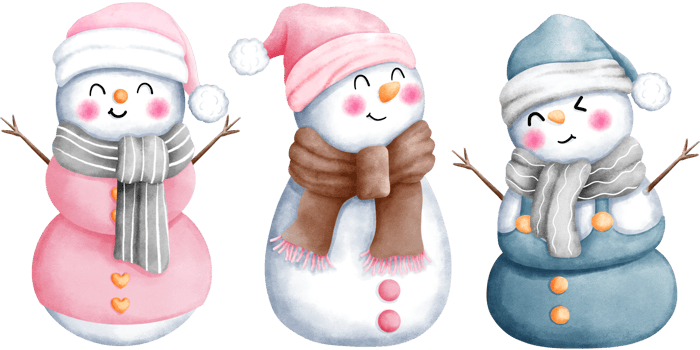 Set of three adorable pink and blue watercolor christmas snowman illustrations with santa hats and scarves. png