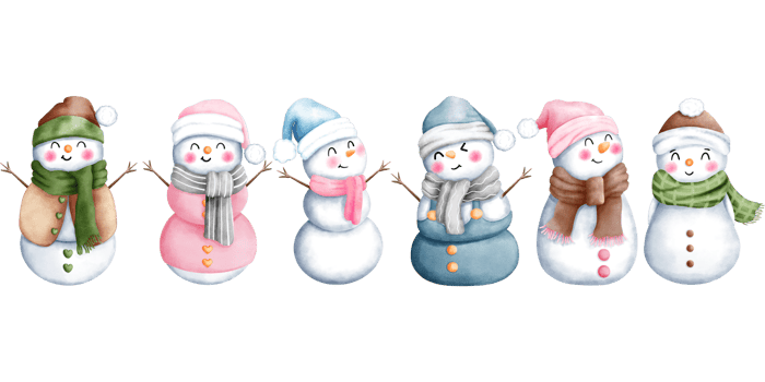 Set of watercolor cute christmas snowman in a colorful winter costume illustrations. png