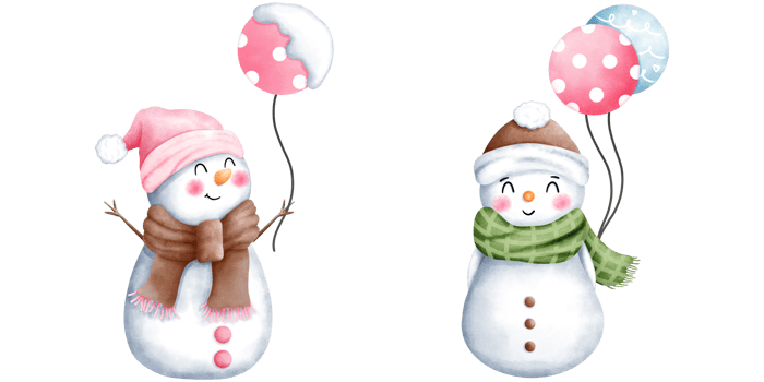 Set of watercolor cute christmas snowman with winter costume and colorful balloons illustration. Cute winter snowman collection. png