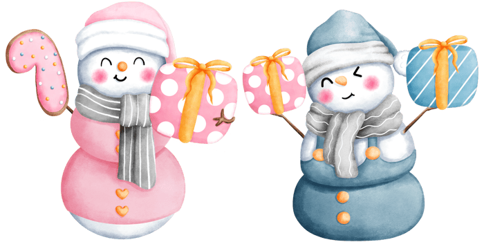 Set of watercolor pink and blue christmas snowman with christmas ornaments illustration. Cute winter snowman collection. png