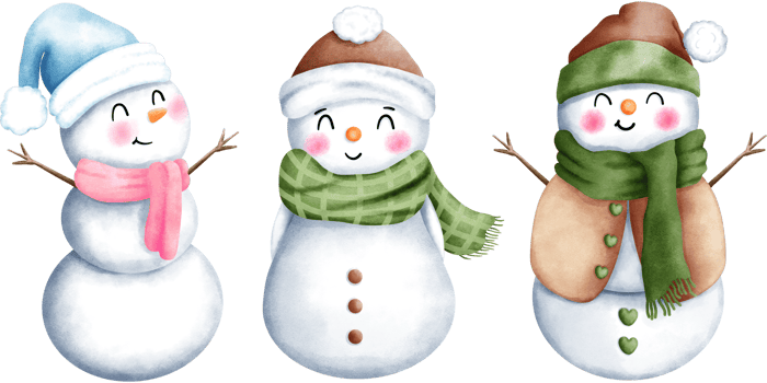 Set of three cute watercolor christmas snowman illustrations with santa hats and scarves. png