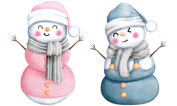Set of watercolor christmas snowman with pink and blue winter costume illustrations.Cute winter snowman collection. png
