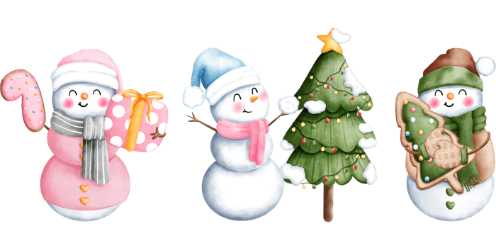 Set of three cute watercolor christmas snowman in a colorful winter costume with christmas ornaments illustrations. png