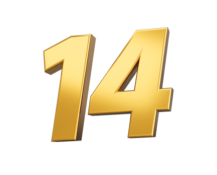 Gold number 14 Fourteen shiny 3d number 14 made of gold 3d illustration png