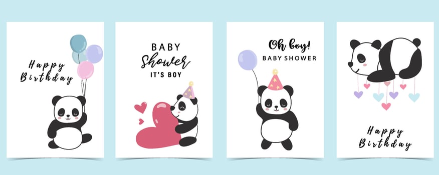 Baby shower invitation card for boy with panda, heart, balloon, blue vector